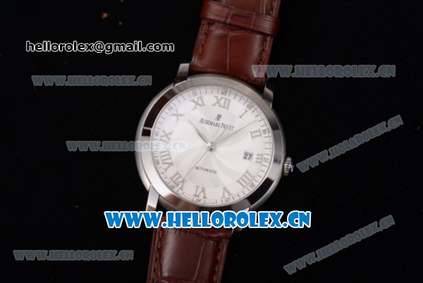 Audemars Piguet Jules Audemars Clone AP Calibre 3120 Automatic Steel Case with White Dial Brown Leather Strap and Roman Numeral Markers (EF) - Click Image to Close